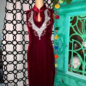 Vintage 80s Burgundy Velvet Cheongsam Dress